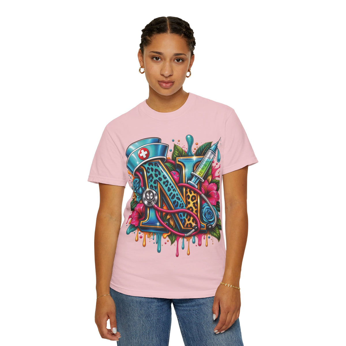 N Nurse Stethoscope Initial T-shirt | Floral Letter N Medical Monogram