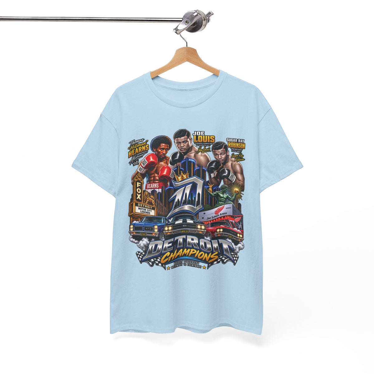 Detroit Champions T-Shirt | Motor City Boxing Legends, Classic Cars, City Skyline