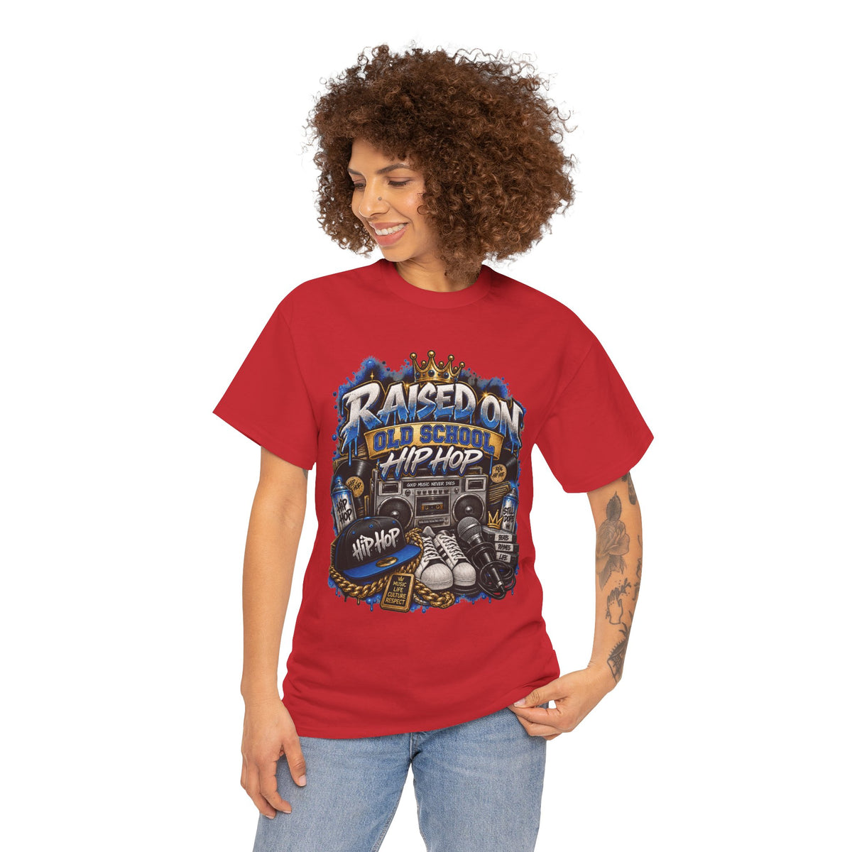 Raised On Old School Hip Hop T-Shirt | Retro Boombox Sneakers Crown Design