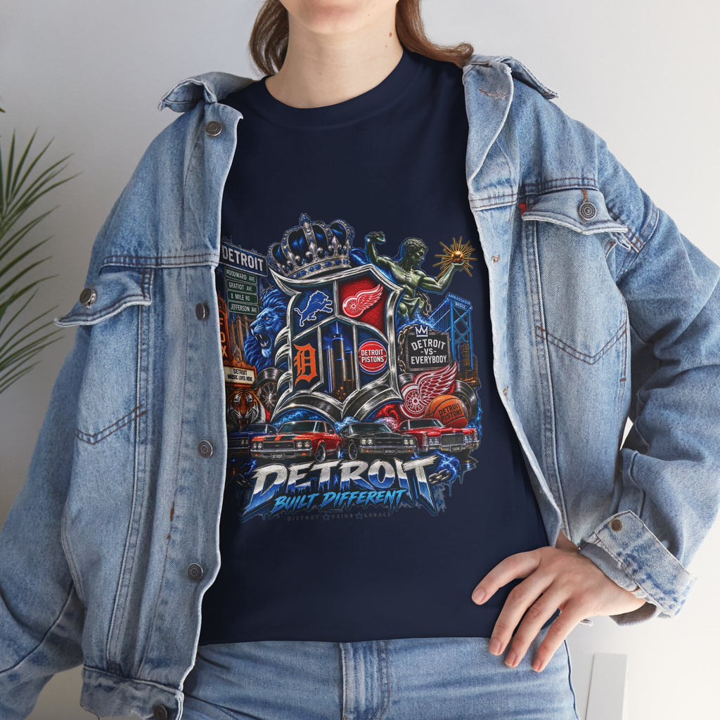 Detroit Skyline Collage T-Shirt | Motor City Landmarks, Vintage Neon Design