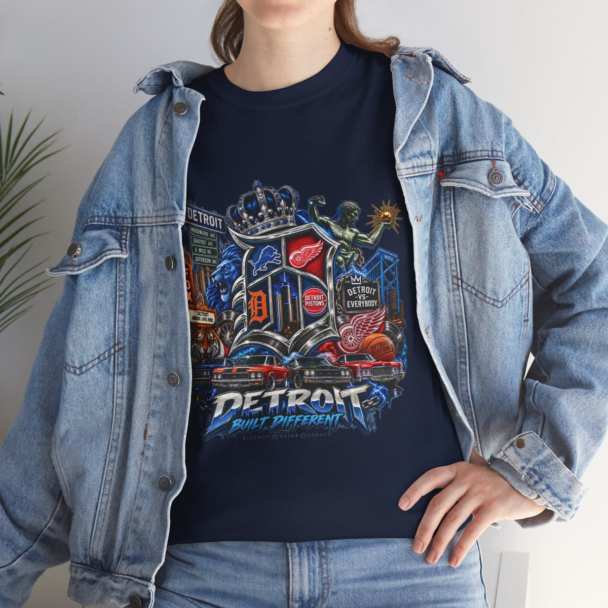 Detroit Skyline Collage T-Shirt | Motor City Landmarks, Vintage Neon Design