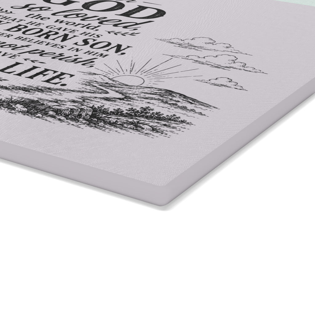 John 3:16 Scripture Cross Illustration Glass Cutting Board | Christian Kitchen Decor