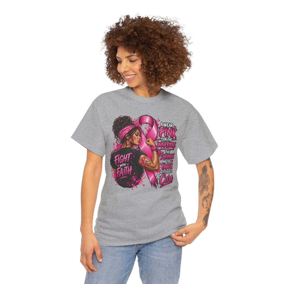 Fight with Faith breast cancer awareness T-Shirt | Rosie the Riveter pink ribbon design