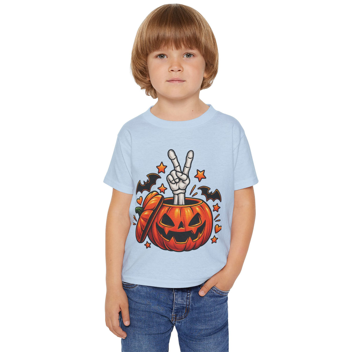 Peace Hand Skeleton in Jack-O'-Lantern Toddler T-shirt | Halloween Pumpkin Bats