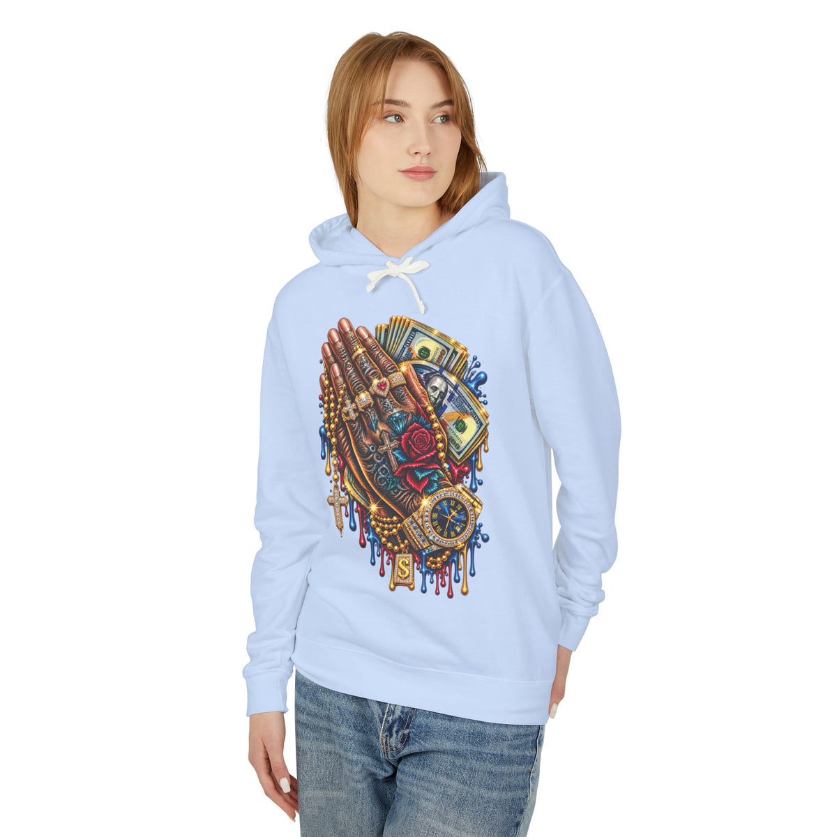 Praying Hands Collage Hoodie | Money, Watch & Roses Drip Design