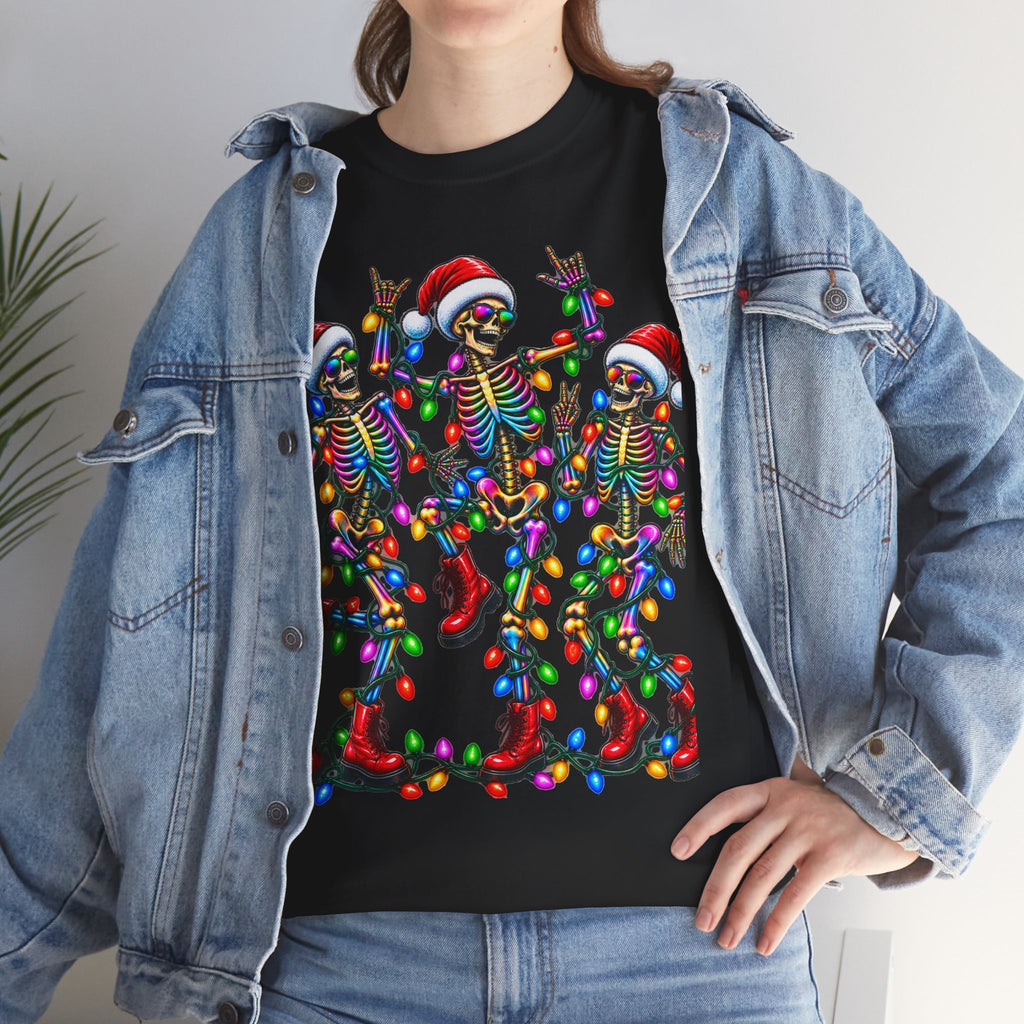 Dancing Skeletons with Christmas Lights T-Shirt | Santa Hat Holiday Tee