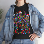 Dancing Skeletons with Christmas Lights T-Shirt | Santa Hat Holiday Tee