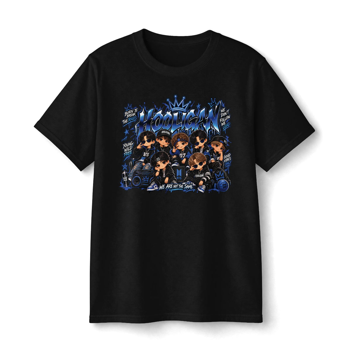 K-Pop Boy Band Cartoon Tee | Youth T-Shirt, Blue Graffiti Design