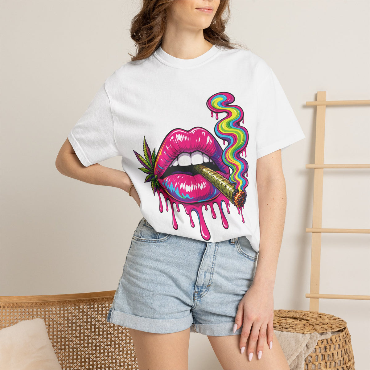 Dripping Rainbow Lips Smoking Joint T-shirt | Cannabis Art