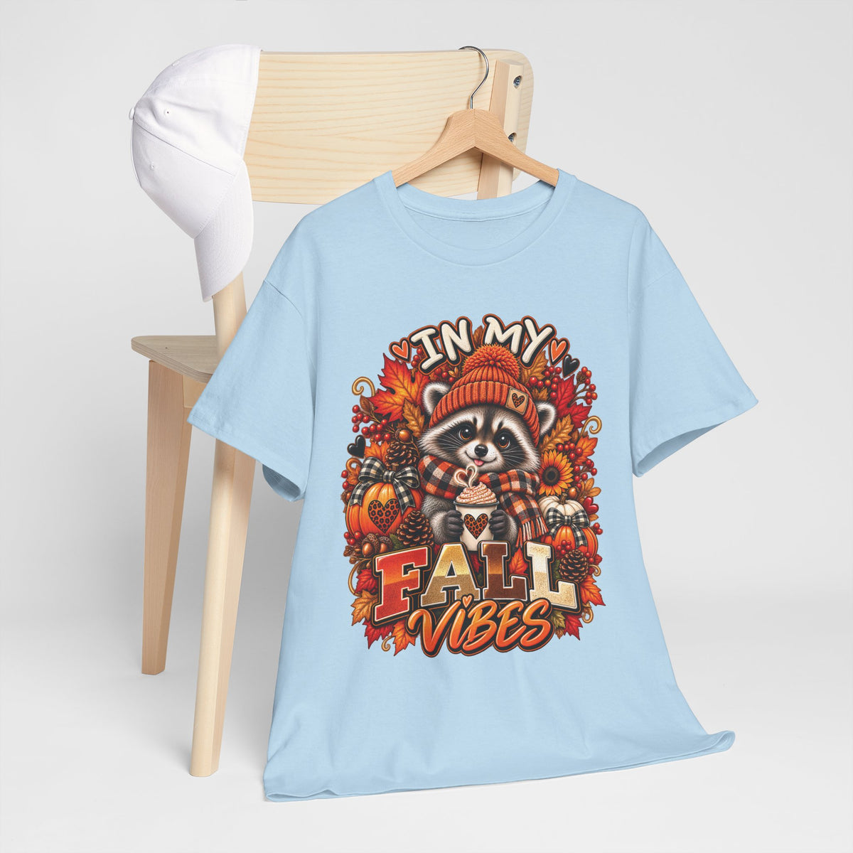 Cozy Raccoon Fall Vibes T-Shirt | Autumn Pumpkin Leaves Tee