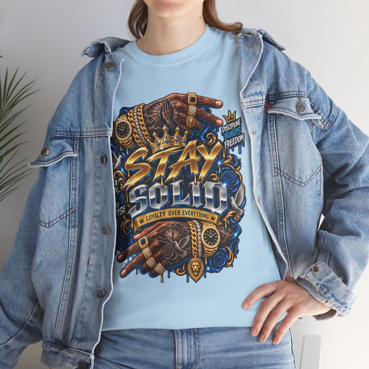 Stay Solid graphic tee | Urban street art typography, gold chain hands