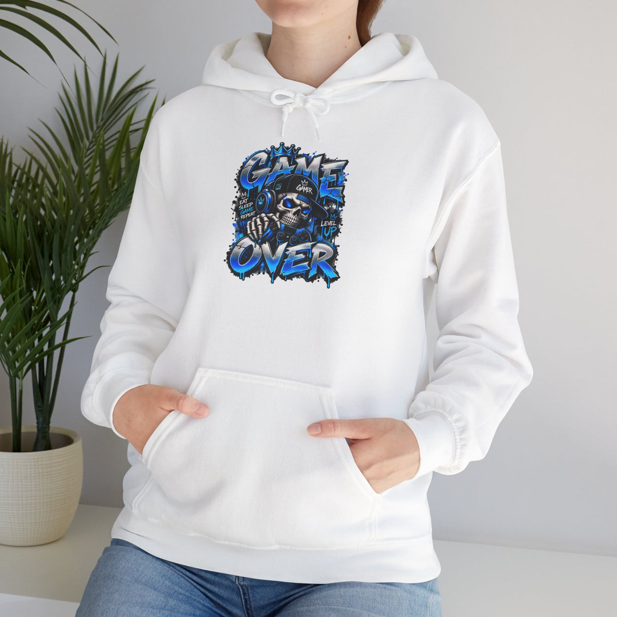 Game Over Skull hoodie | Gaming Graphic Sweatshirt, Blue Grunge Design