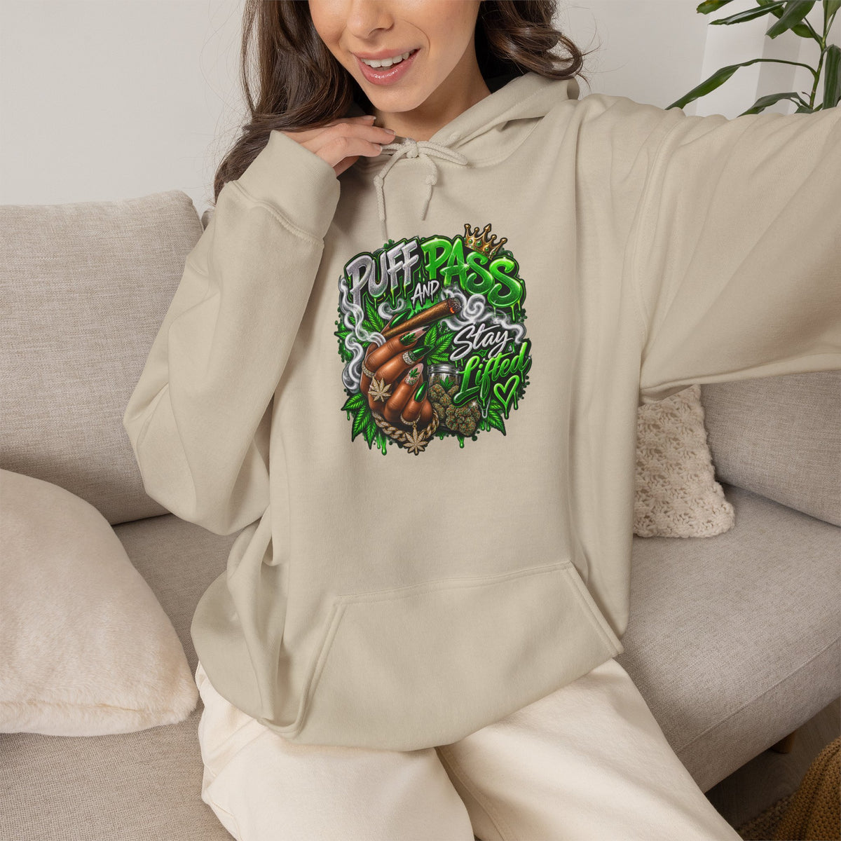Puff Pass Stay Lifted Hoodie | Cannabis Leaf, Smoky Hand Illustration