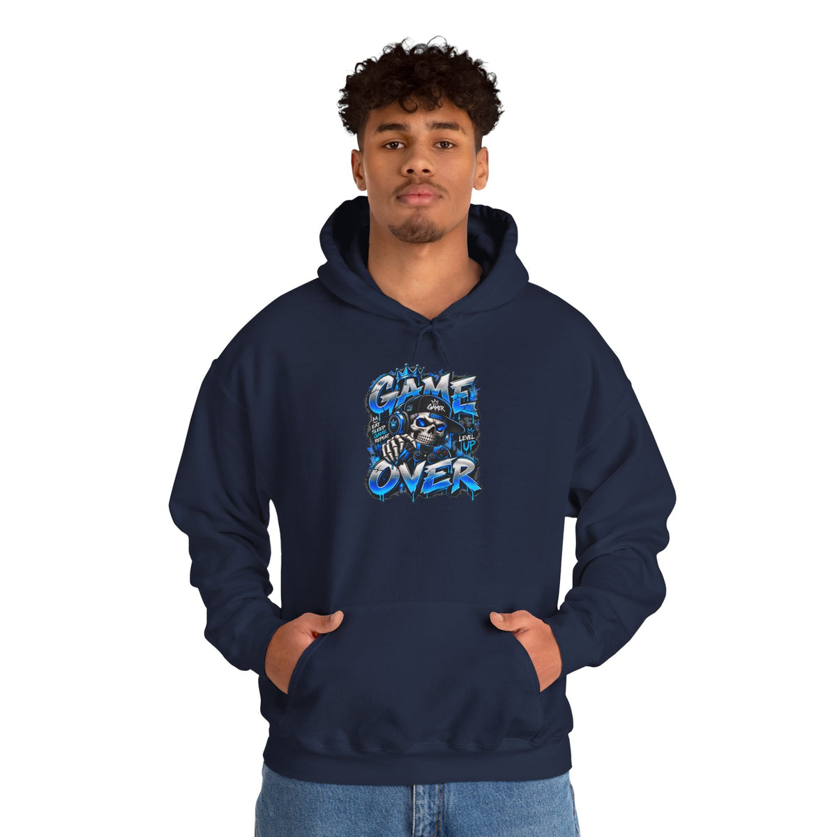 Game Over Skull hoodie | Gaming Graphic Sweatshirt, Blue Grunge Design