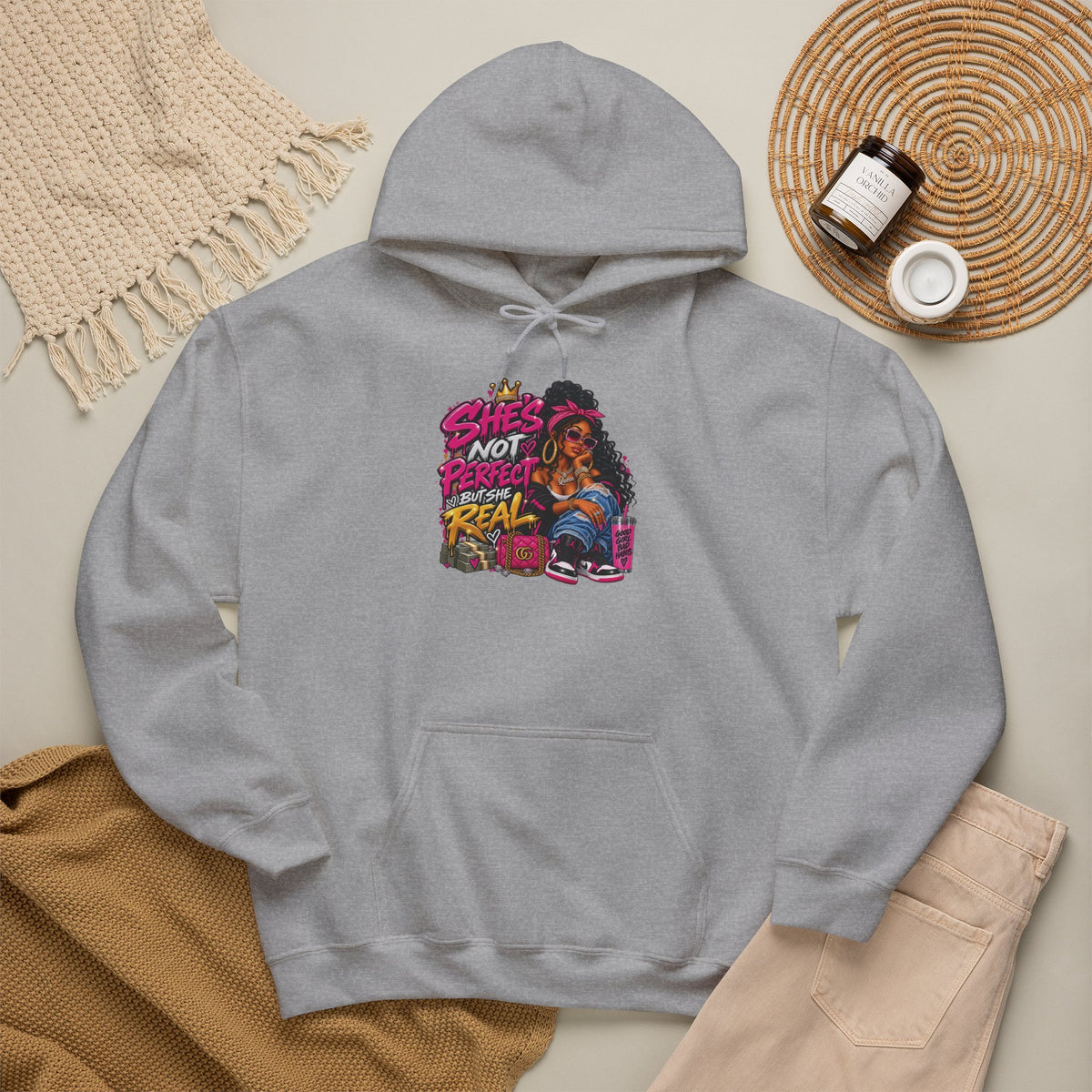 Shes Not Perfect Real AF hoodie | Retro Neon Girl Graphic Hoodie