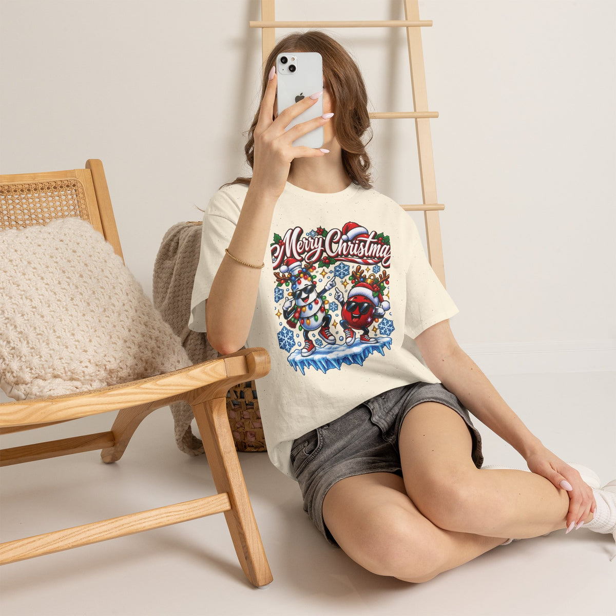 Merry Christmas Dancing Ornaments T-Shirt | Festive Snowflakes Holiday Tee