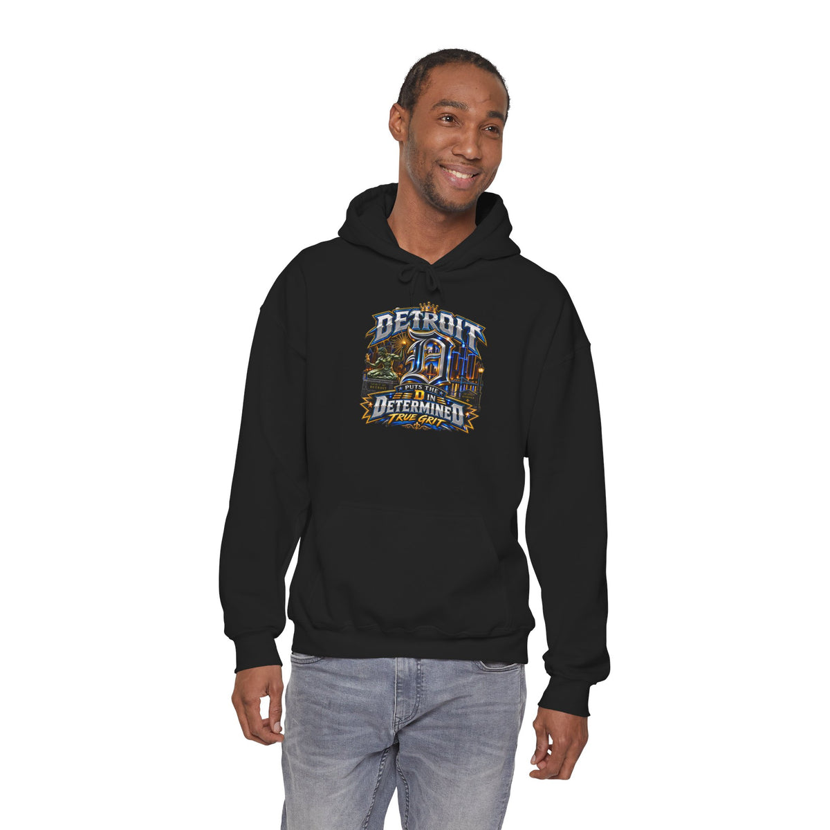 Detroit skyline determined slogan Hoodie | Motor City vintage style