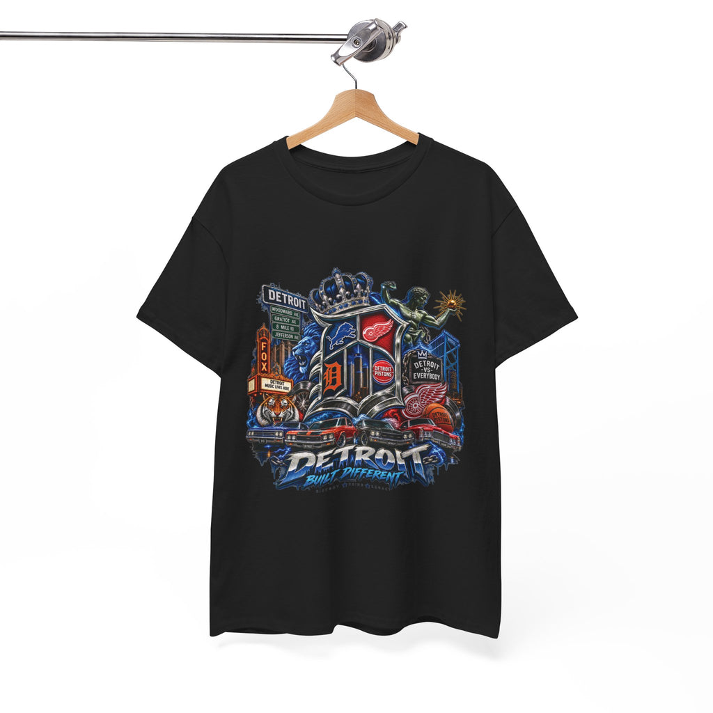 Detroit Skyline Collage T-Shirt | Motor City Landmarks, Vintage Neon Design