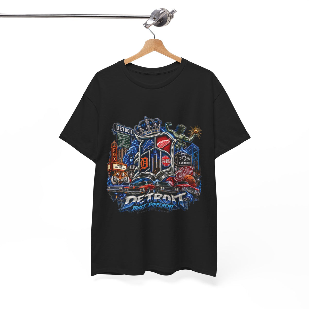 Detroit Skyline Collage T-Shirt | Motor City Landmarks, Vintage Neon Design