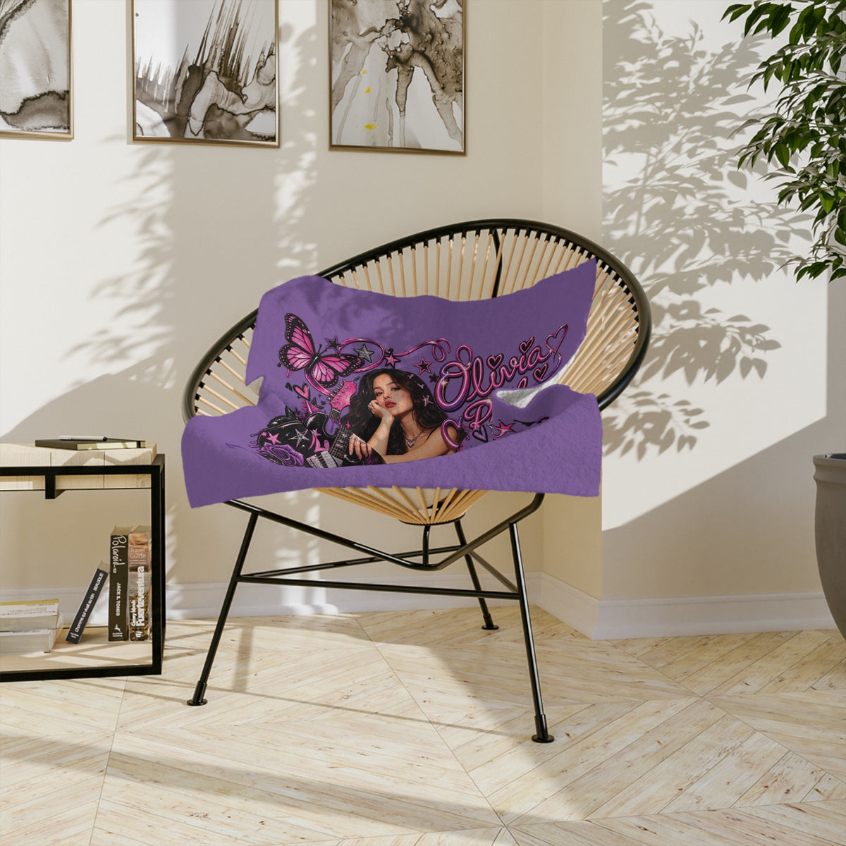 Olivia Rodrigo Portrait Velveteen Microfiber Blanket | Purple Butterfly Rose Design