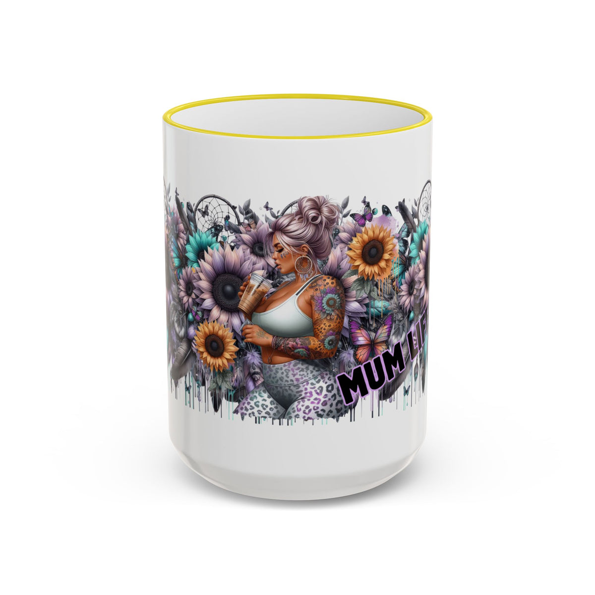 Tattooed Floral Skull Mum Mug | Accent Rim & Handle Ceramic Mug