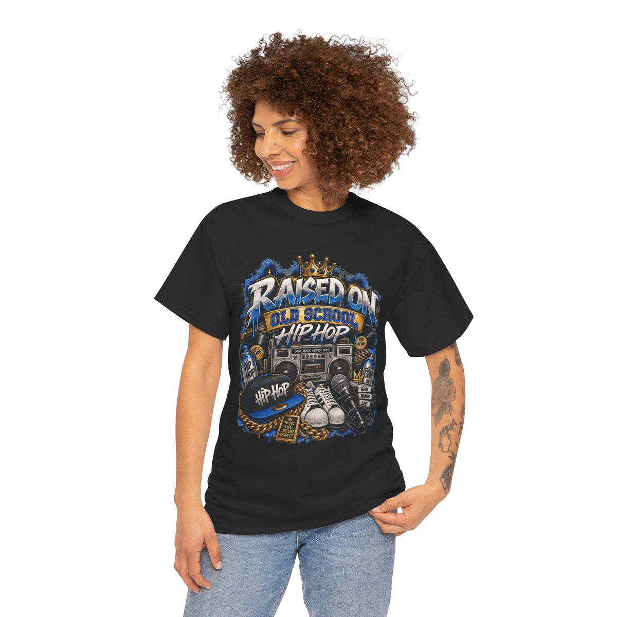 Raised On Old School Hip Hop T-Shirt | Retro Boombox Sneakers Crown Design