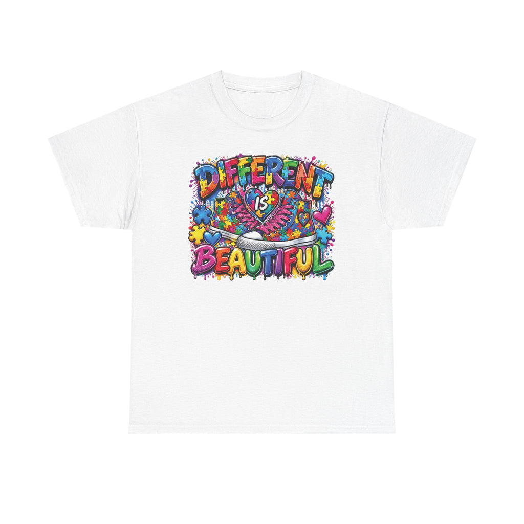 Different Is Beautiful T-Shirt | Colorful Rainbow Heart Typography