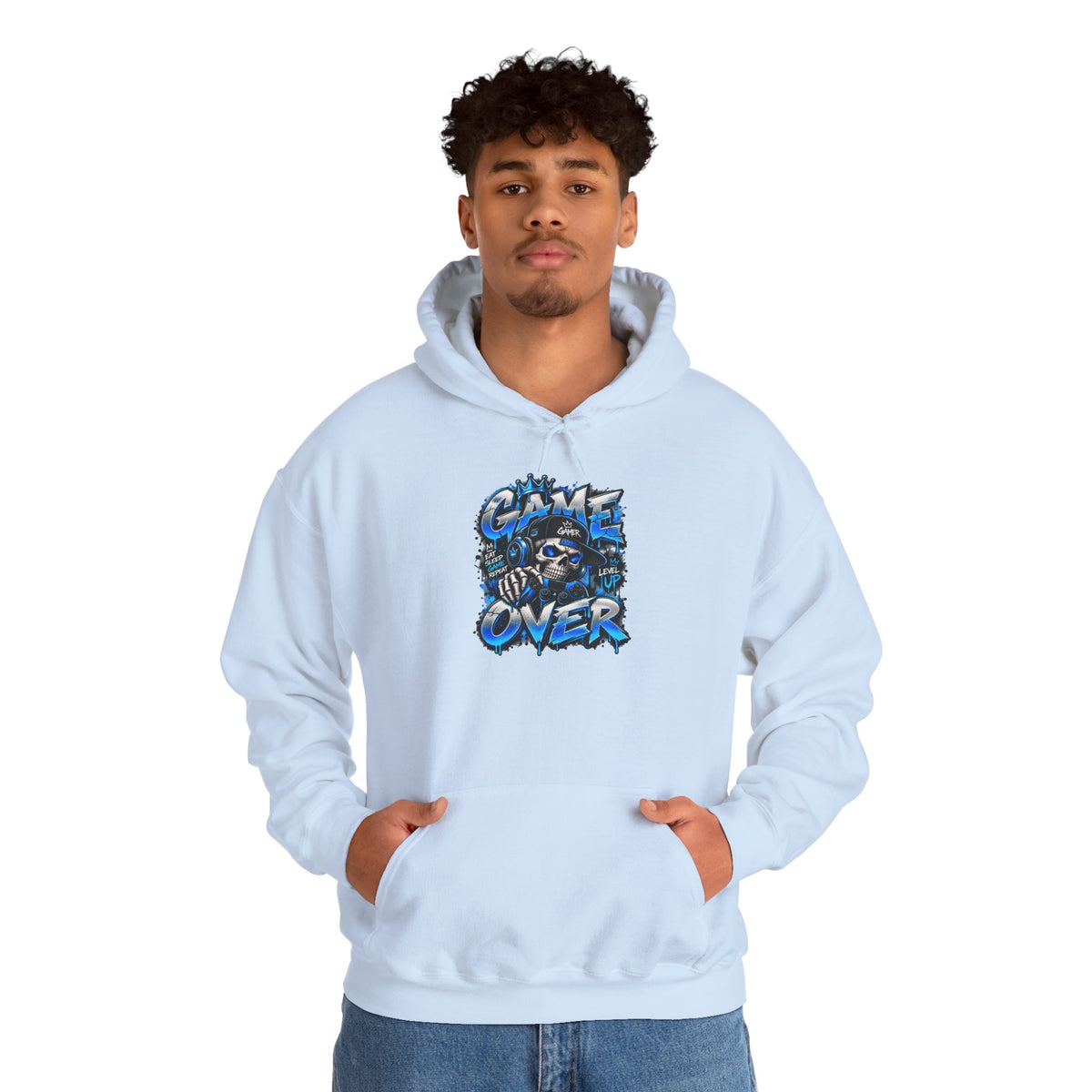 Game Over Skull hoodie | Gaming Graphic Sweatshirt, Blue Grunge Design