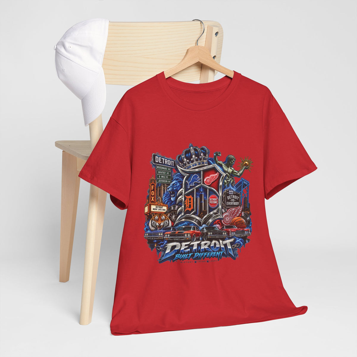 Detroit Skyline Collage T-Shirt | Motor City Landmarks, Vintage Neon Design