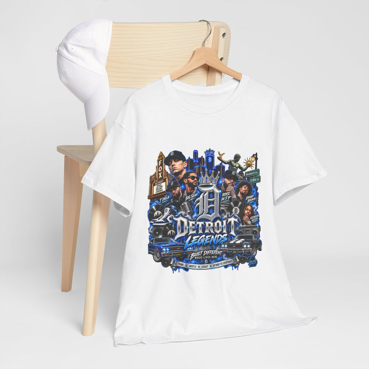 Detroit Legends collage T-Shirt | Motor City skyline, classic cars, musicians