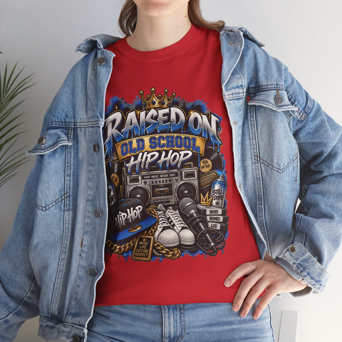 Raised On Old School Hip Hop T-Shirt | Retro Boombox Sneakers Crown Design