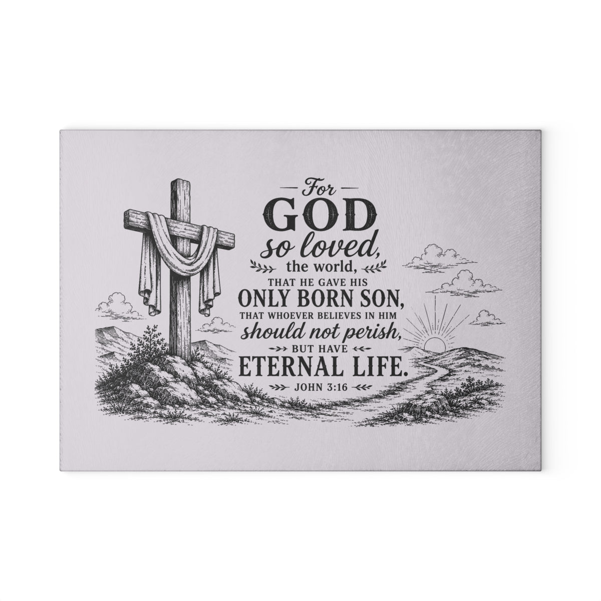 John 3:16 Scripture Cross Illustration Glass Cutting Board | Christian Kitchen Decor