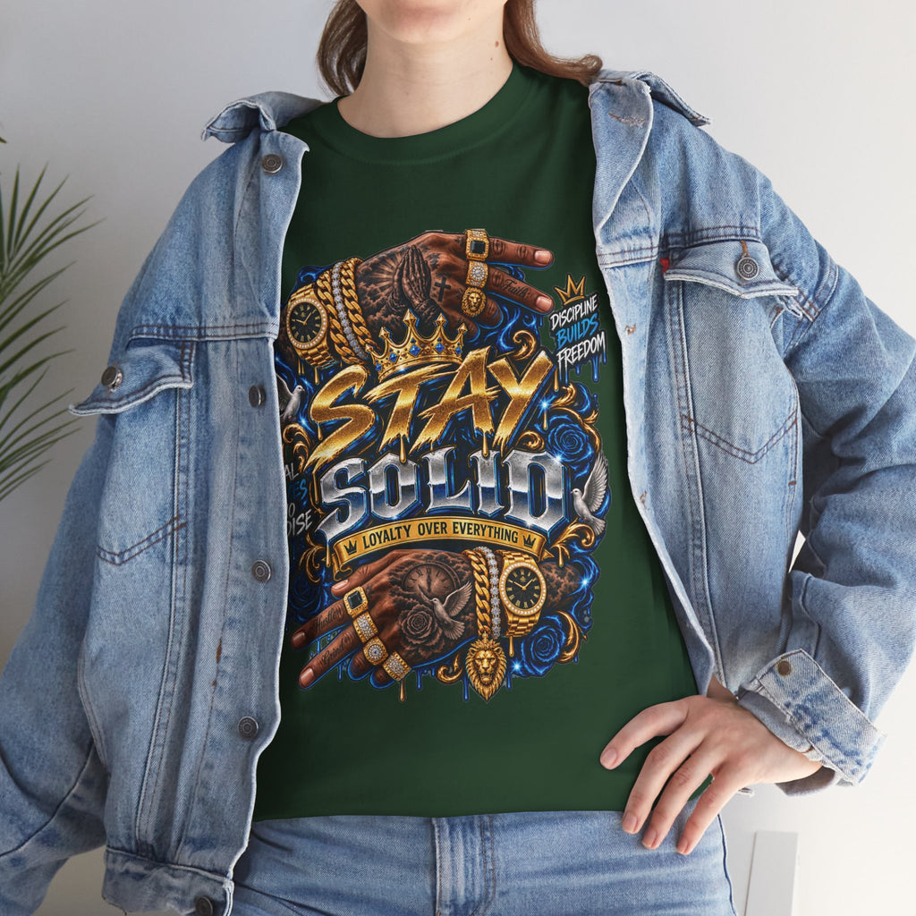 Stay Solid graphic tee | Urban street art typography, gold chain hands