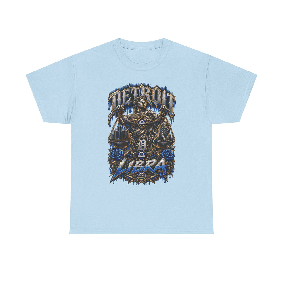 Detroit Libra T-Shirt | Skull Scales, Blue Roses, Zodiac Design