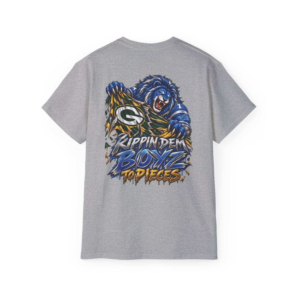 Detroit and Green Bay Rivalry Graphic Tee | Lion Ripping Green Bay Logo Back