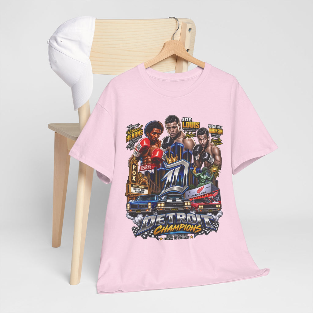 Detroit Champions T-Shirt | Motor City Boxing Legends, Classic Cars, City Skyline