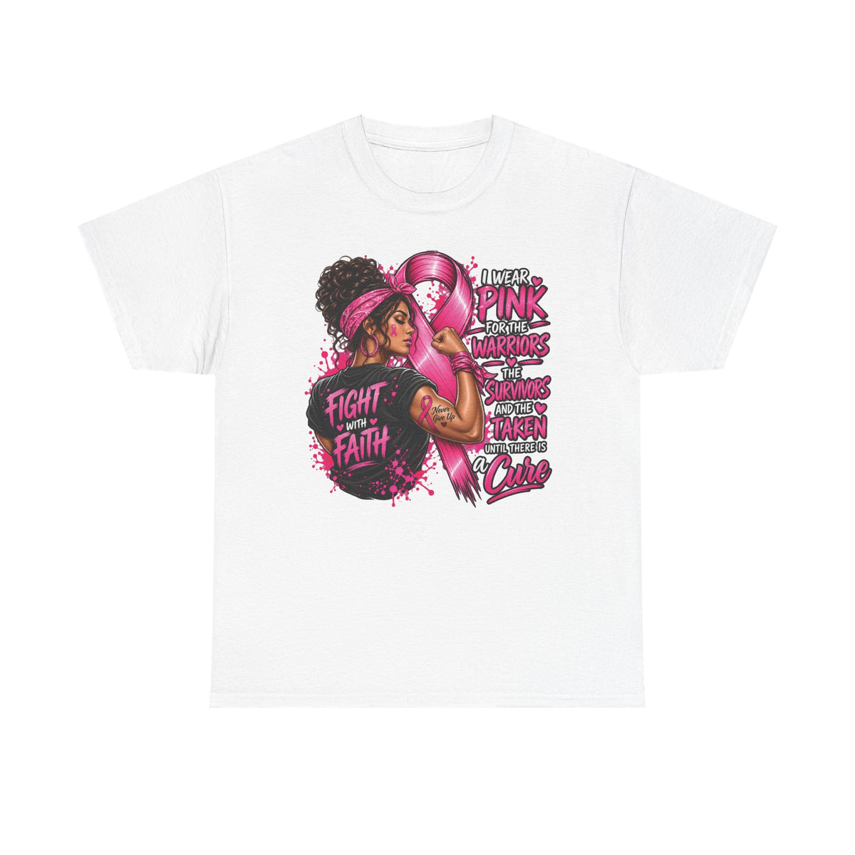 Fight with Faith breast cancer awareness T-Shirt | Rosie the Riveter pink ribbon design