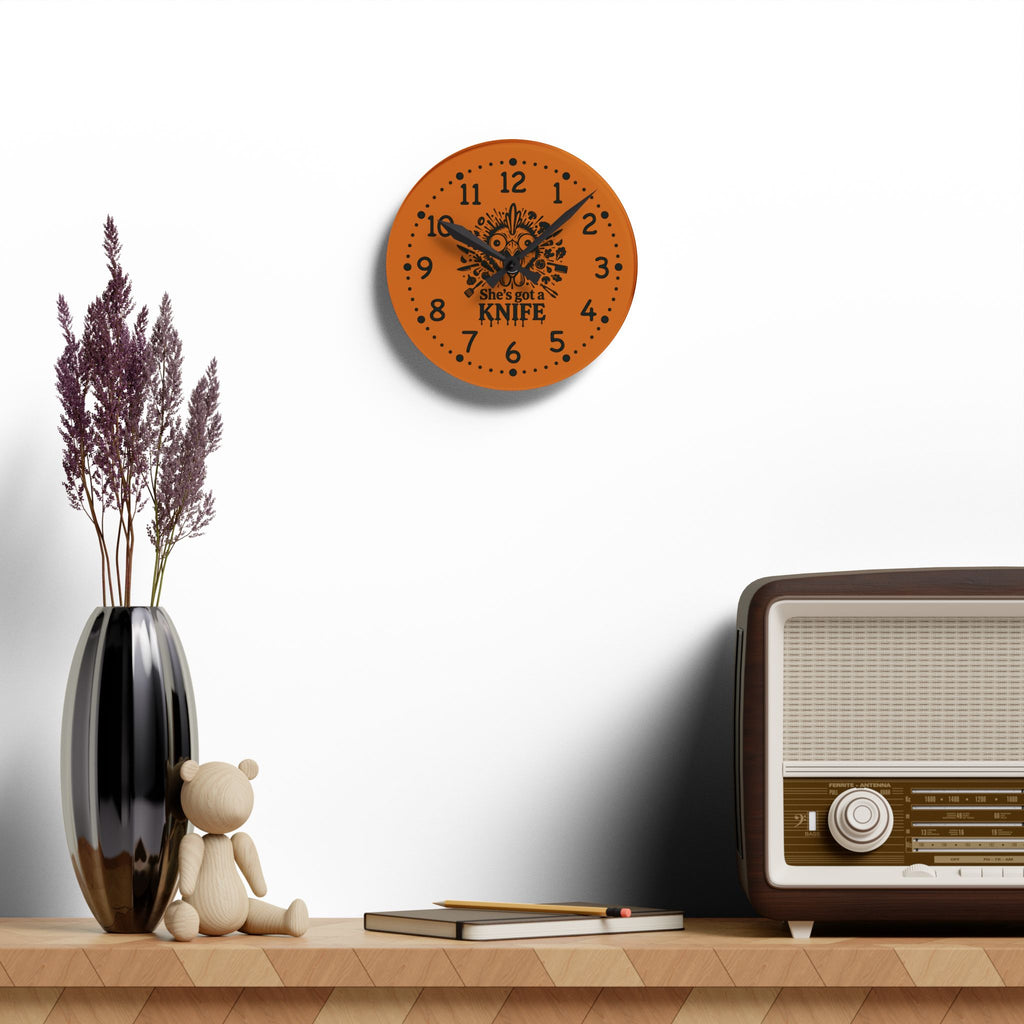 She got a knife acrylic wall clock | Halloween horror decor, orange skull design