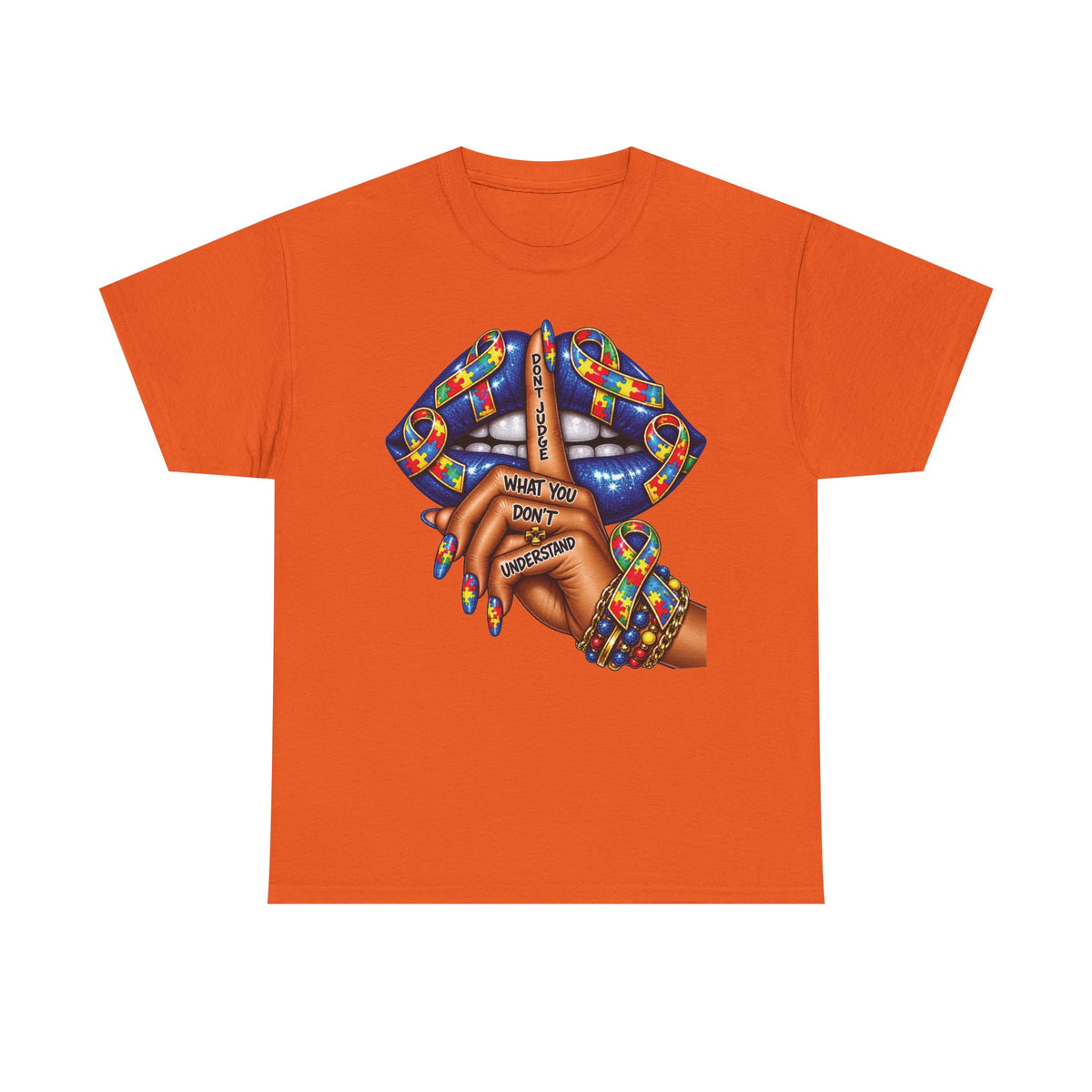 Shh Finger Lips Illustration T-Shirt | Colorful Beaded Bracelet Art