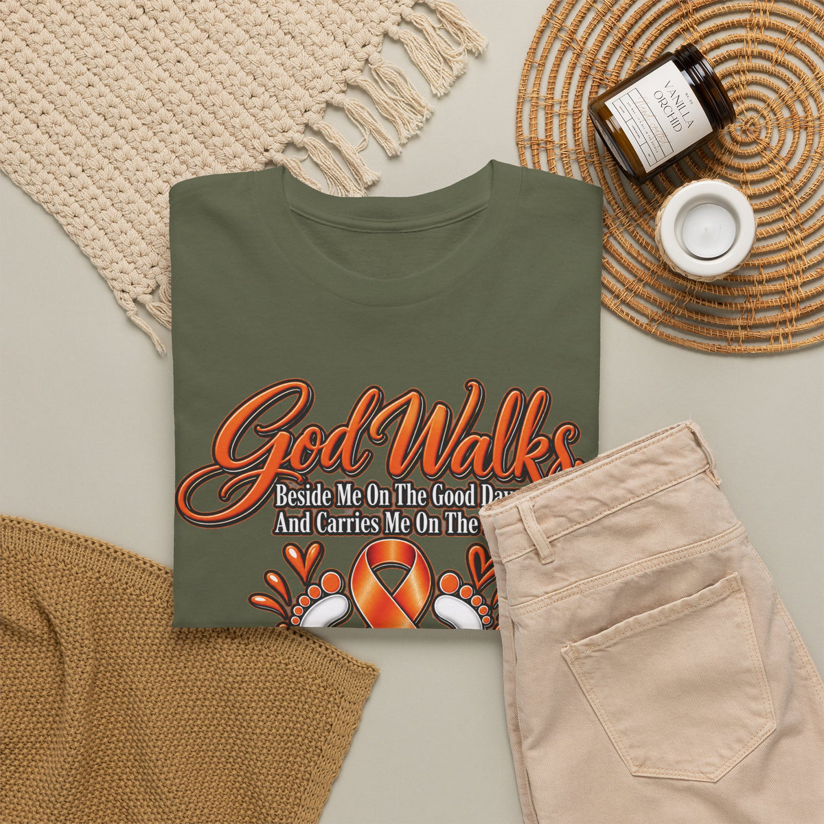 God Walks orange awareness ribbon T-Shirt | I'll Never Walk Alone, Faith Support