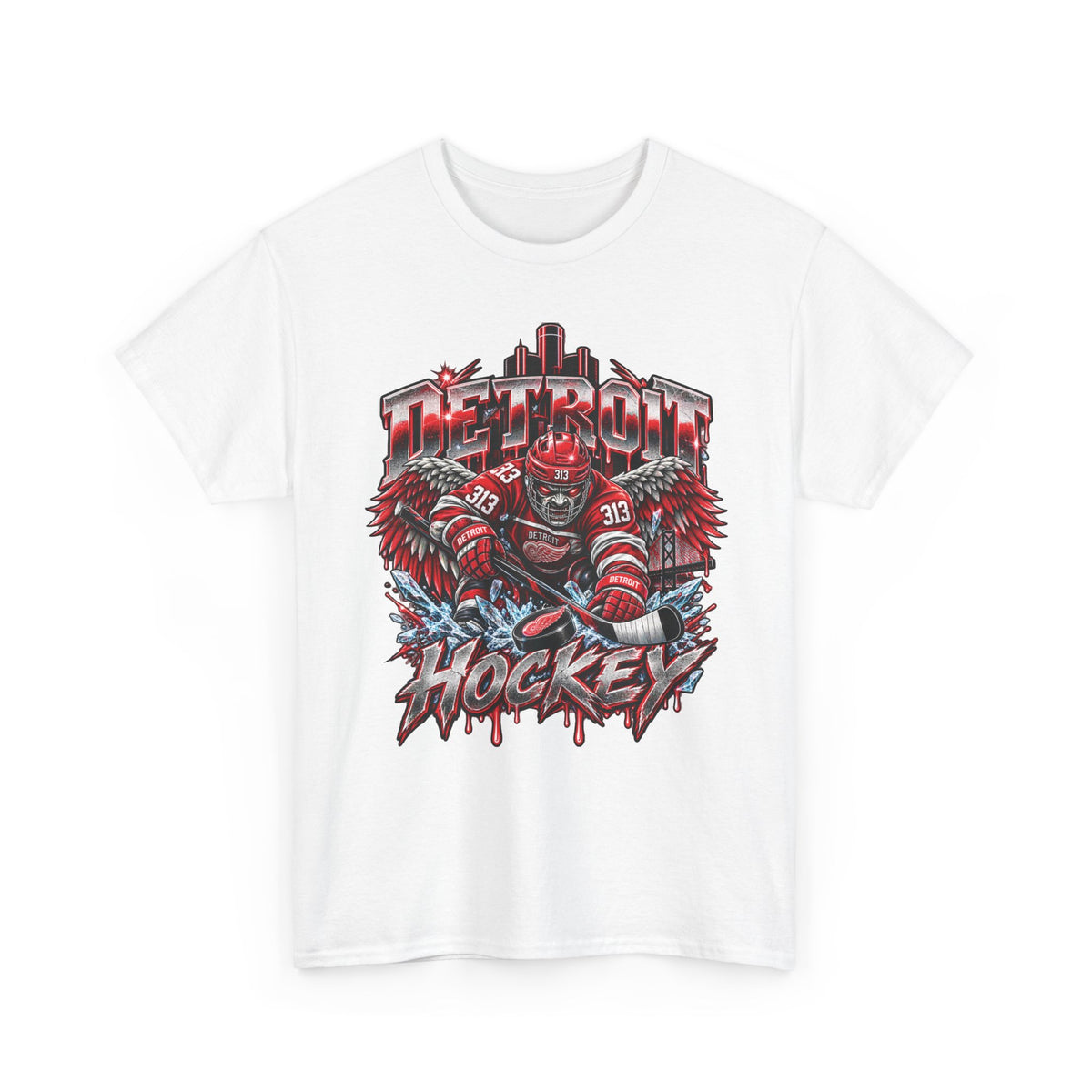 Detroit Hockey Player Graphic Tee | Metro Skyline, Winged Mascot