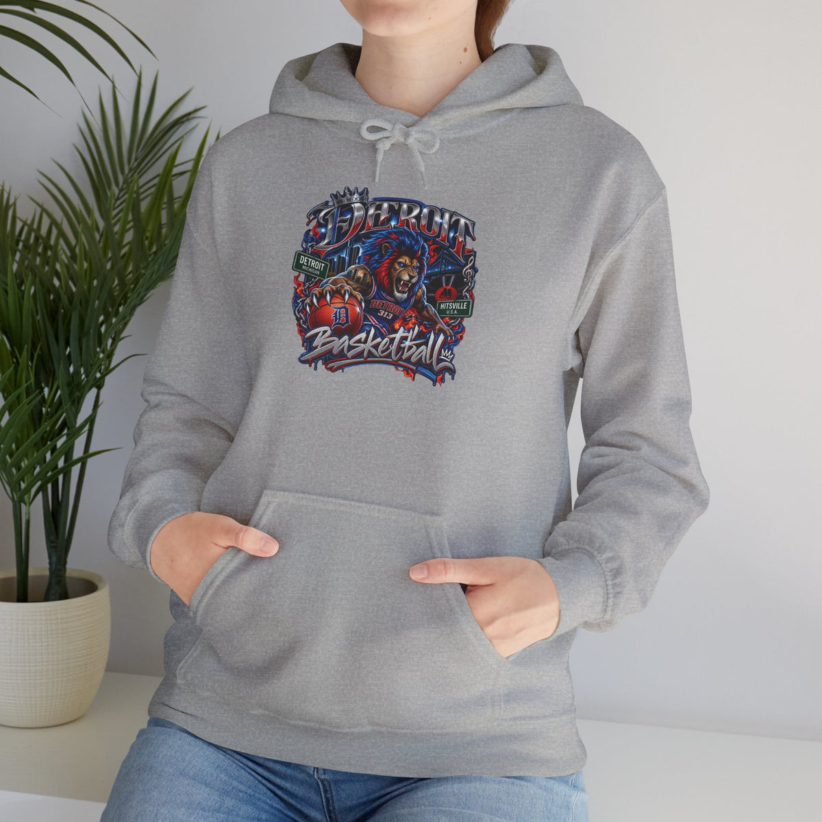 Detroit Basketball Graphic Hoodie | Vintage City Sports Logo, Front Collage Art