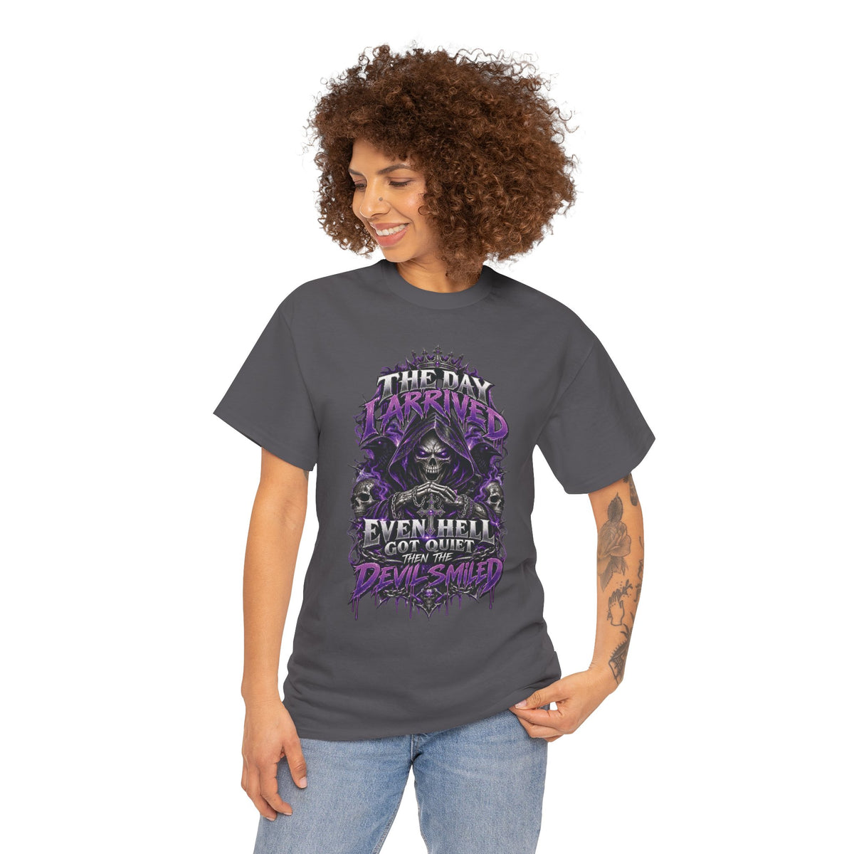 Grim Reaper Skull with Purple Flames T-Shirt | Gothic Death Quote Tee