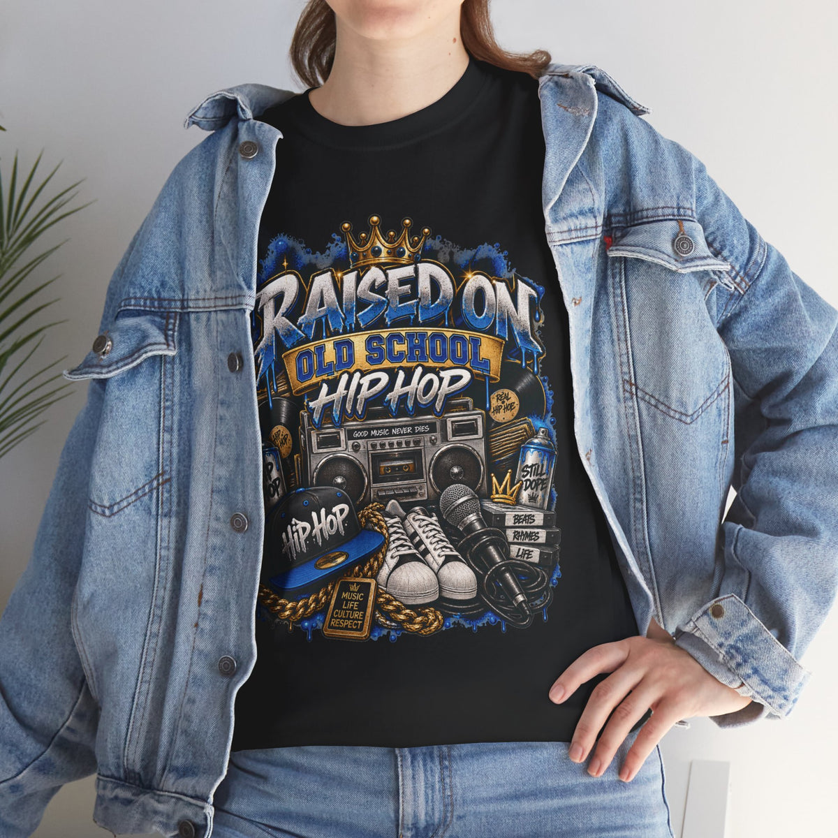 Raised On Old School Hip Hop T-Shirt | Retro Boombox Sneakers Crown Design