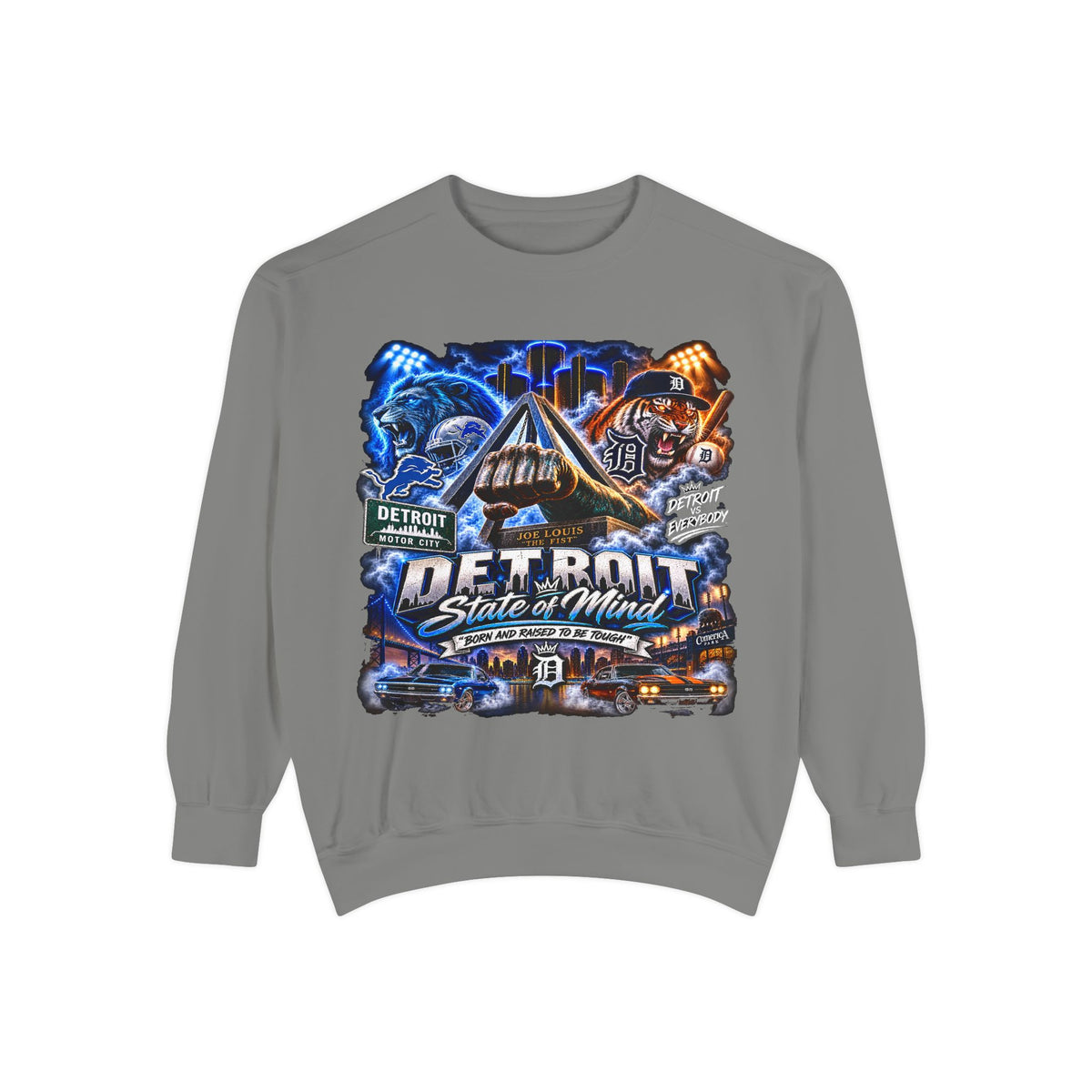 Detroit Skyline Motor City graphic Sweatshirt | Vintage cityscape, engine, blue orange