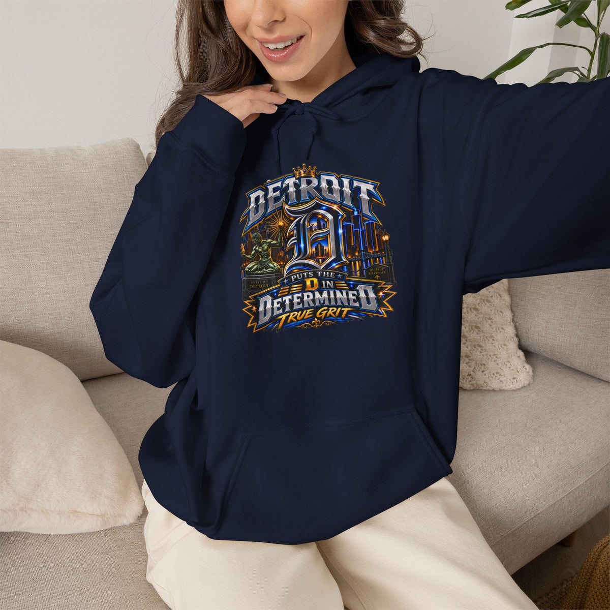 Detroit skyline determined slogan Hoodie | Motor City vintage style