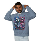 Dual Flame Masks Hoodie | Blue Pink Surreal Faces Graphic