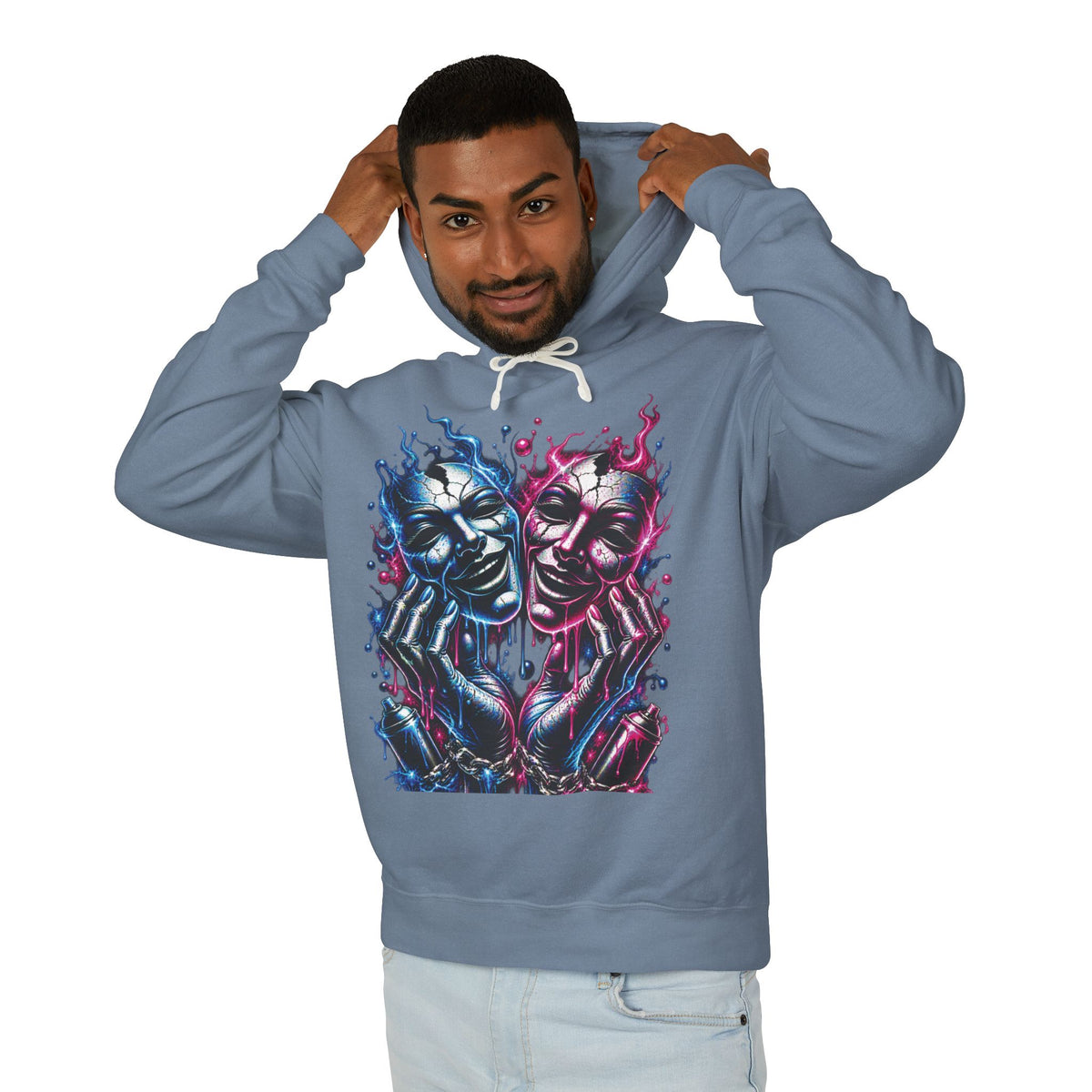Dual Flame Masks Hoodie | Blue Pink Surreal Faces Graphic