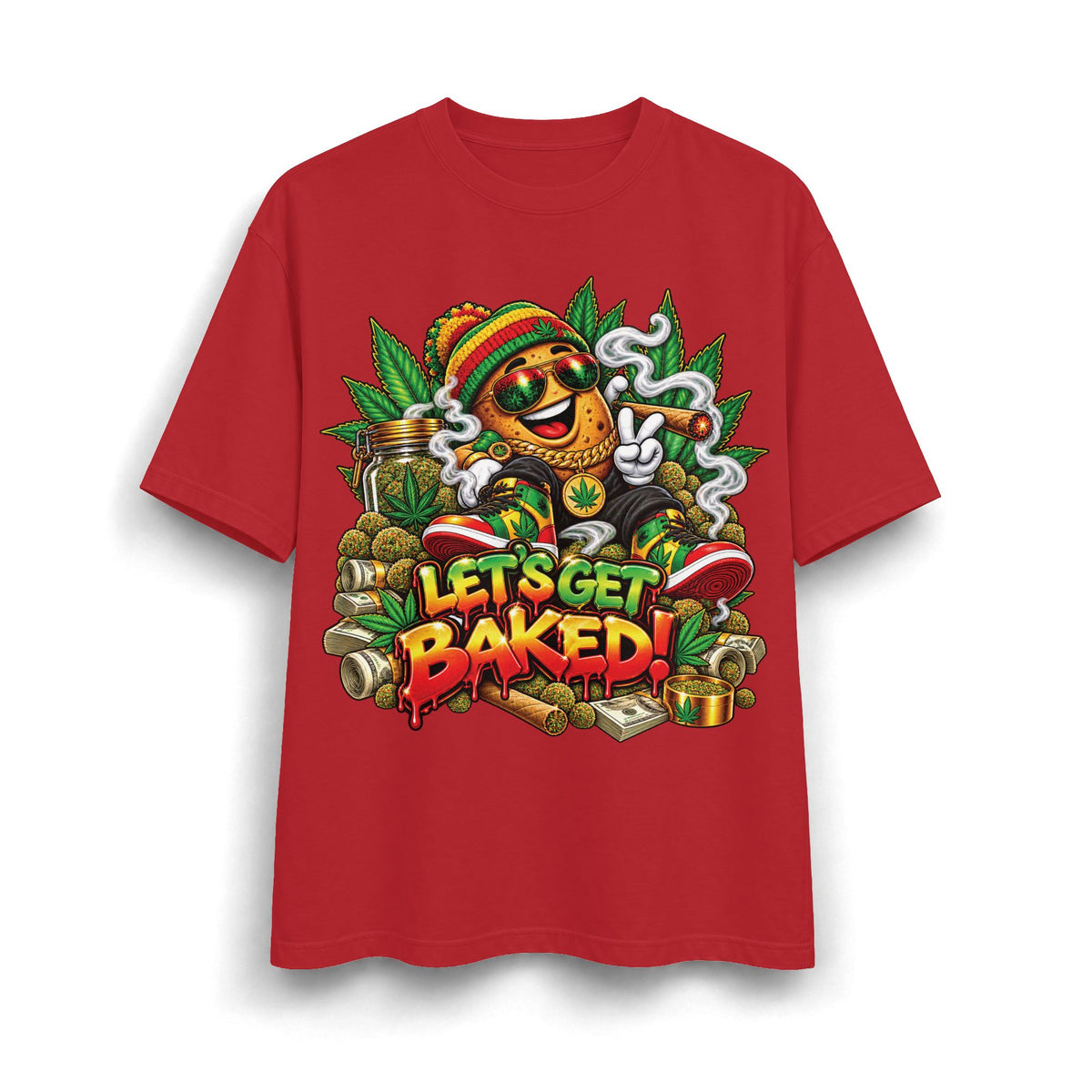 Detroit 420 Let's Get Baked marijuana leaf character T-Shirt | Rasta reggae cannabis design