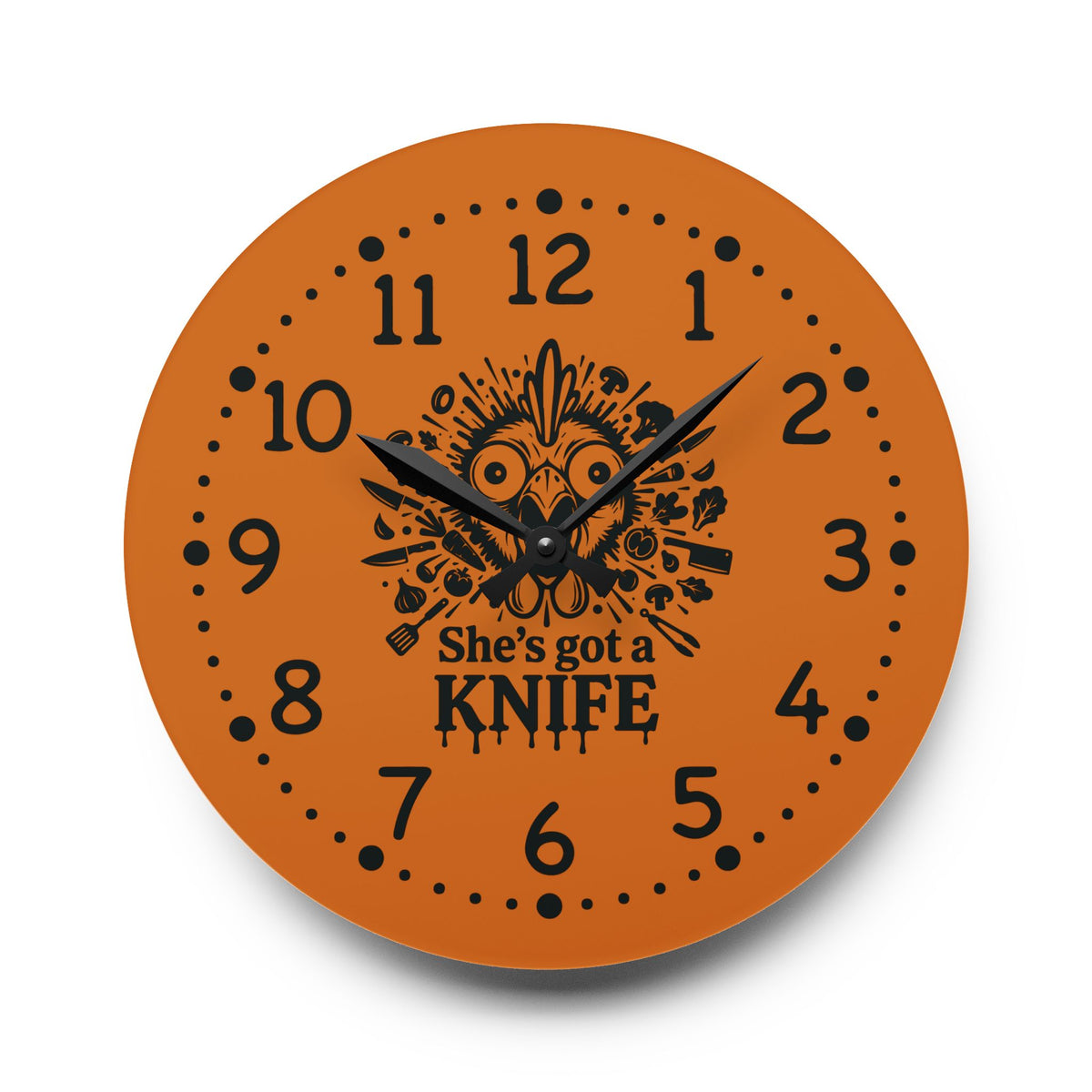 She got a knife acrylic wall clock | Halloween horror decor, orange skull design